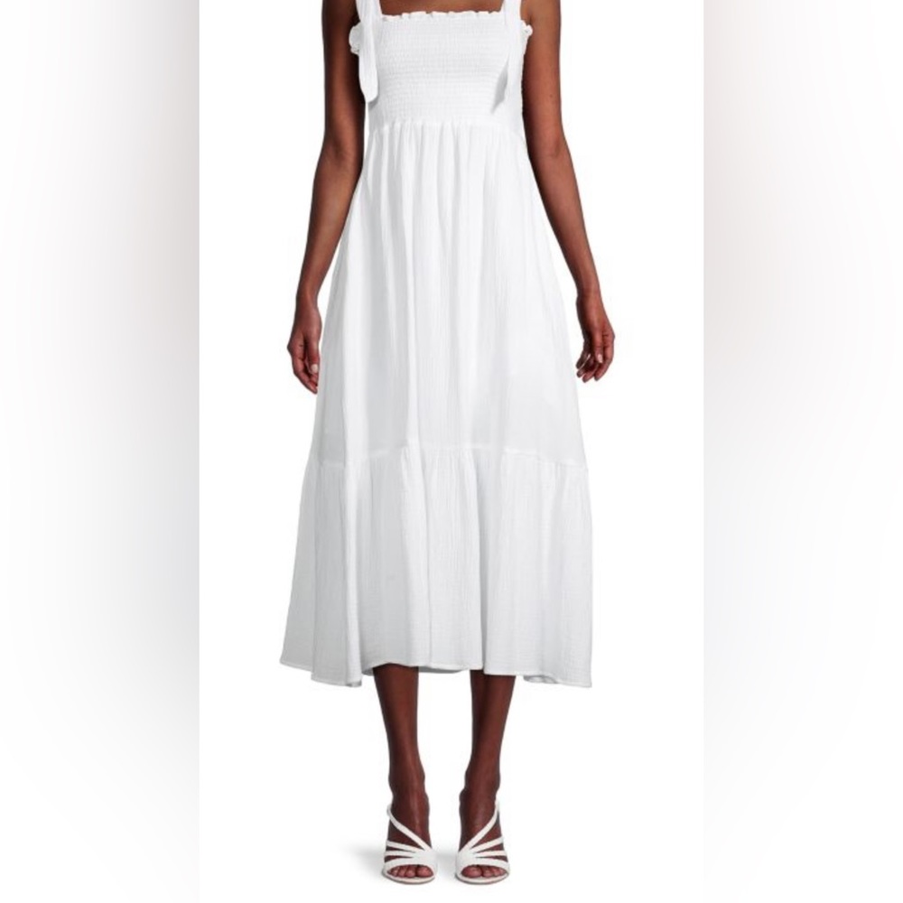 CAARA Tiered white cotton casual or beach midi flowy dress sleeveless